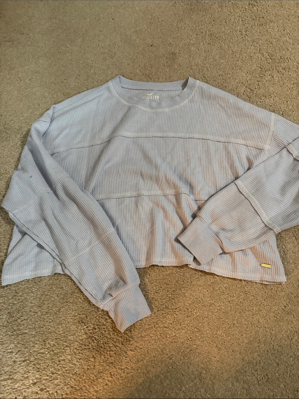 Hollister Light Blue Waffle-Knit Cropped Crewneck Sweater